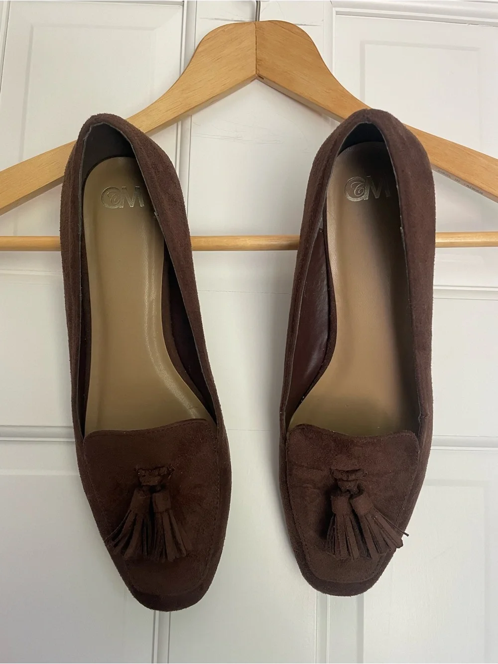 Chocolate brown suede chunky heeled loafers with tassels